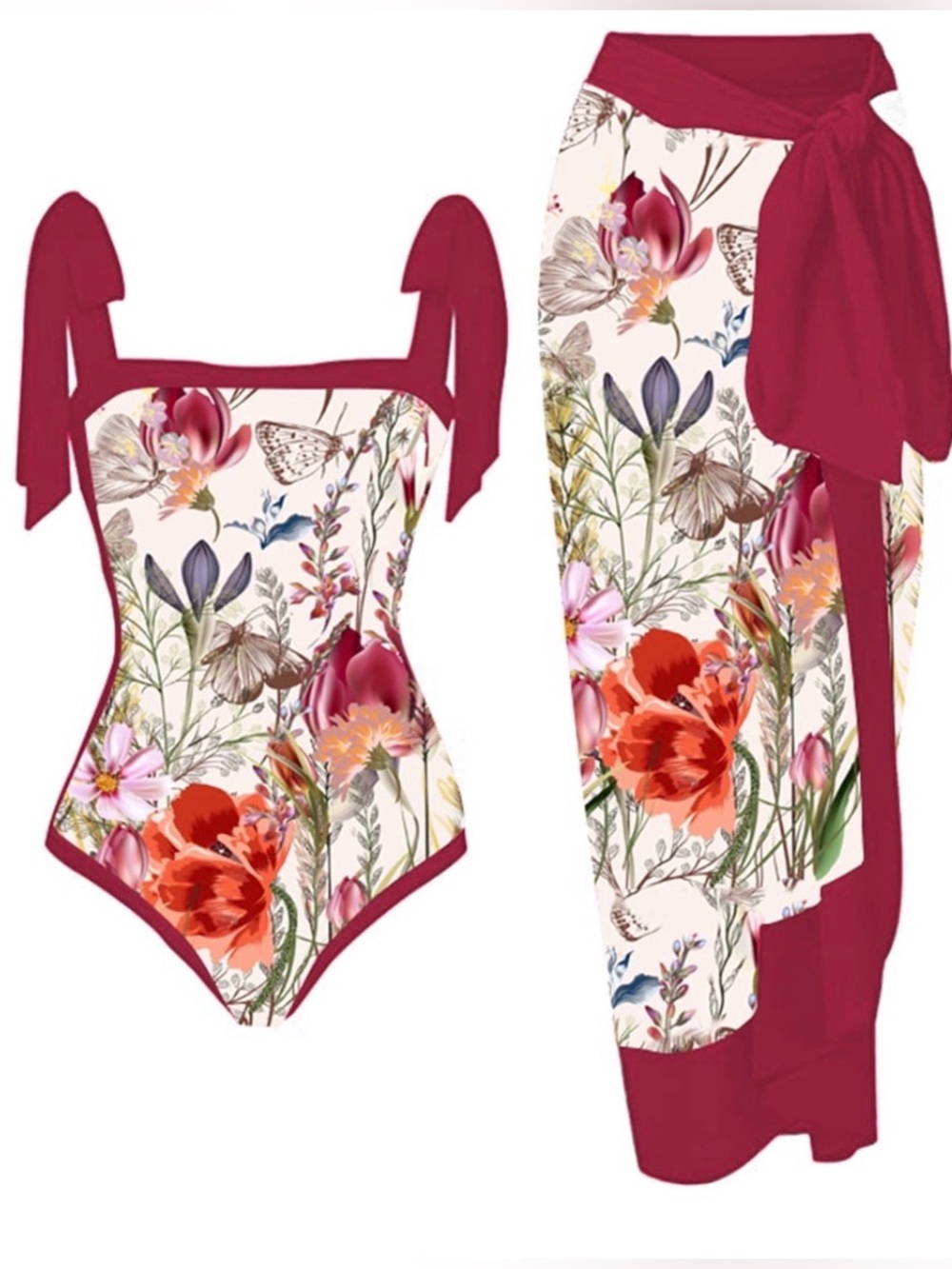 Floral One-Piece Swimsuit with Sarong - Red Trim
